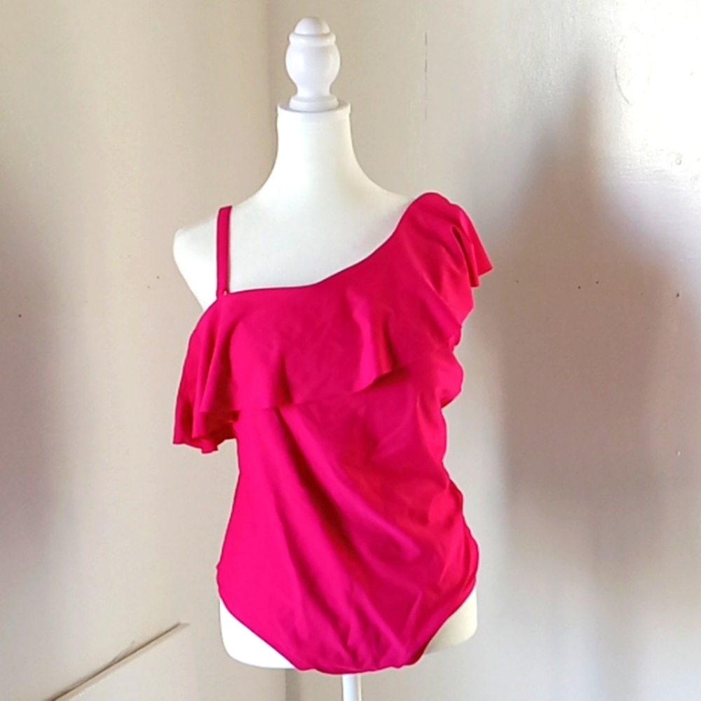 Kona Sol Women's One Shoulder Swimsuit One-Piece Size 17 ( 1X ) Hot Pink